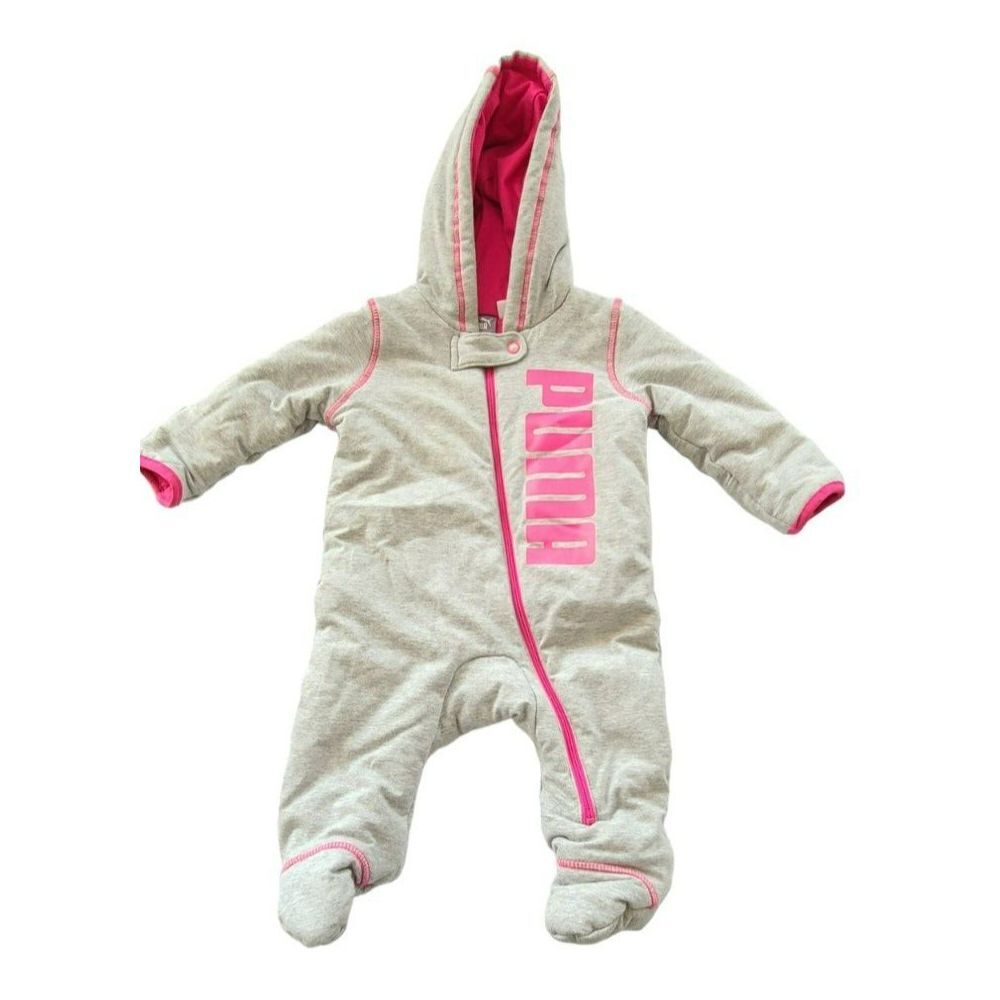 Puma Infant Girls Bunting Pram Suit Gray Pink Hooded Footed 3-6 Months